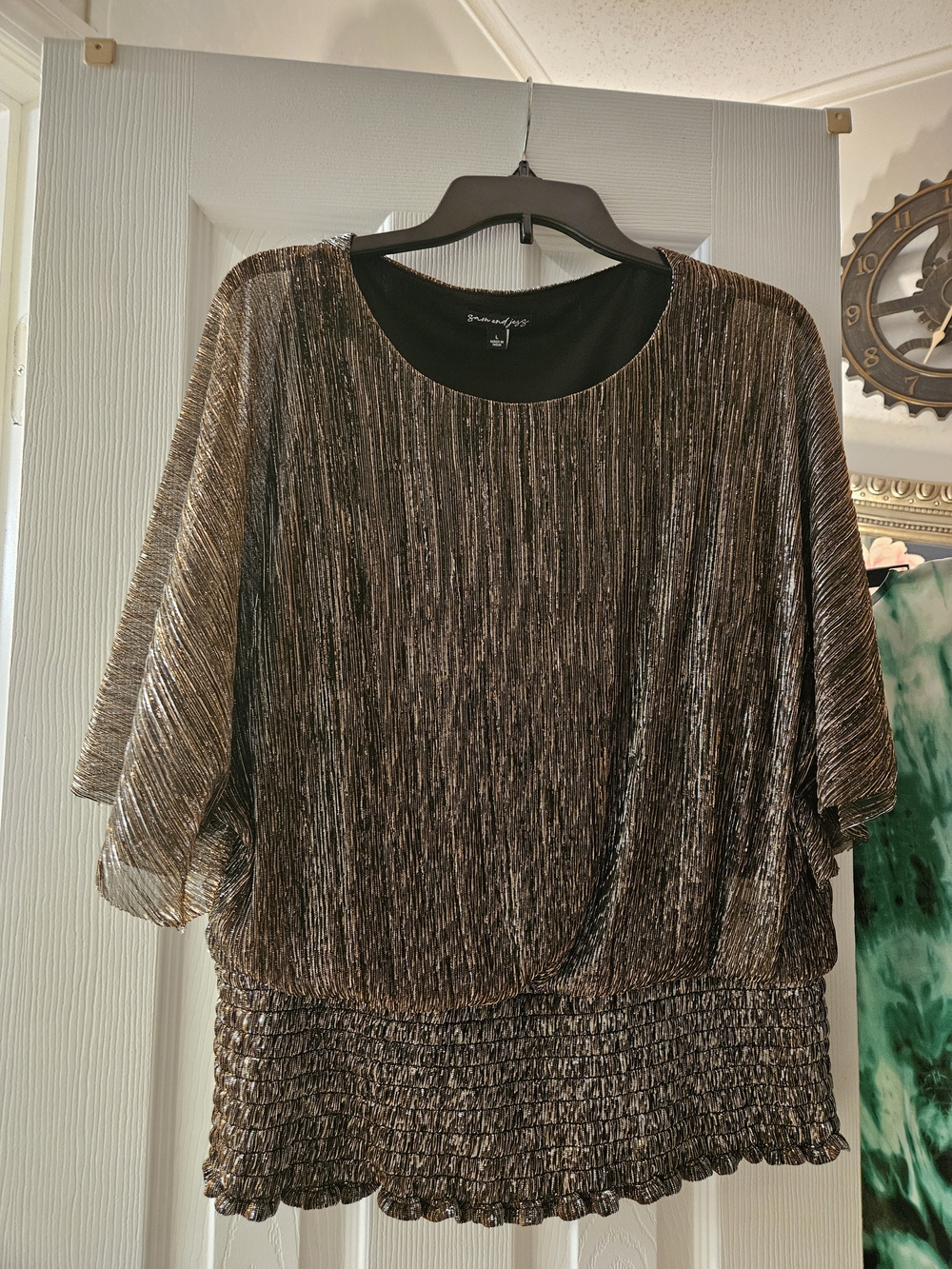 Shimmery Bronze Pleated Blouson Top with Smocked Hem